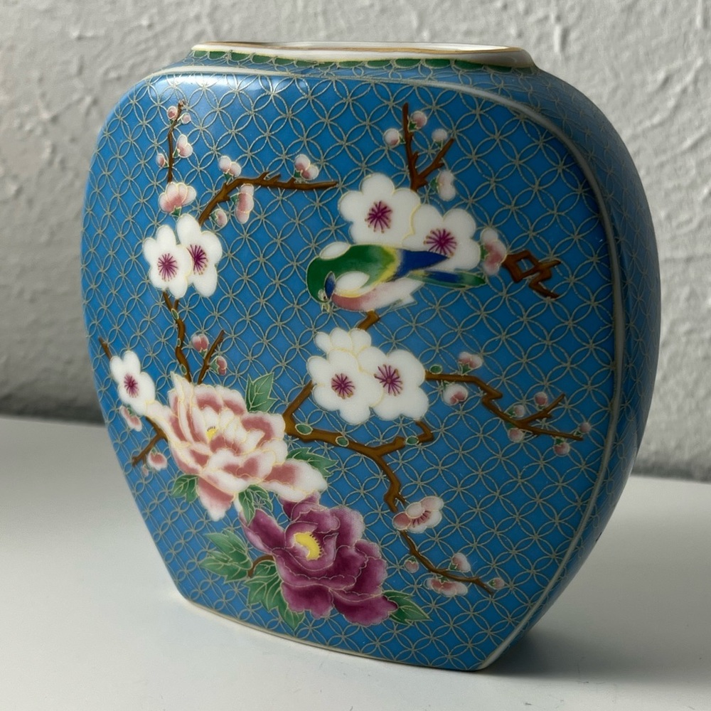Vintage Cloisonne 1981 Takahashi Murakami Cherry Blossoms Blue Bird Vase